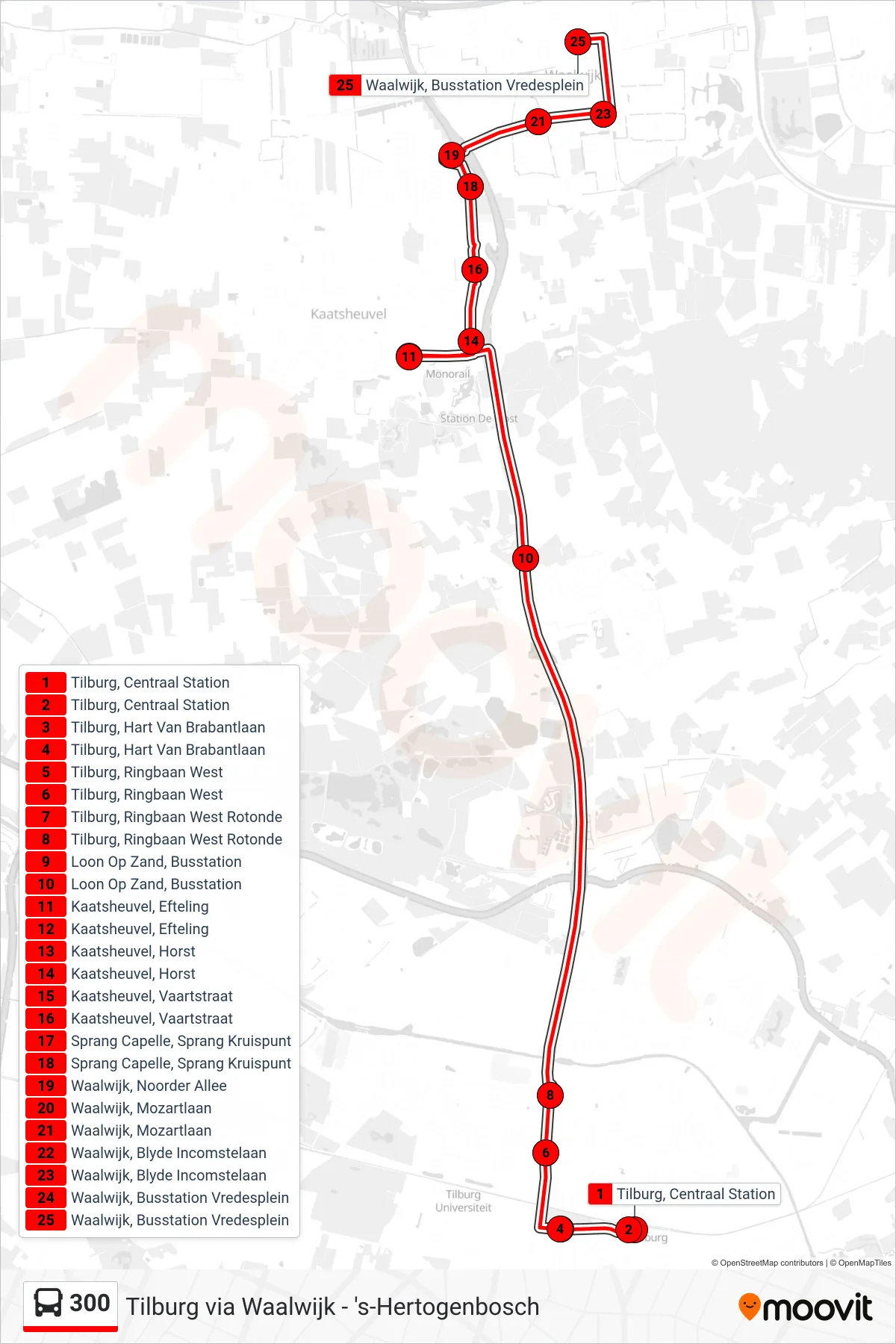 Lijn 300 (bus, Waalwijk): route en haltes op de kaart