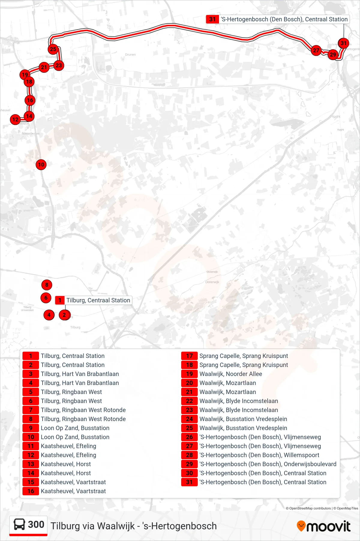 Lijn 300 (bus, Den Bosch): route en haltes op de kaart