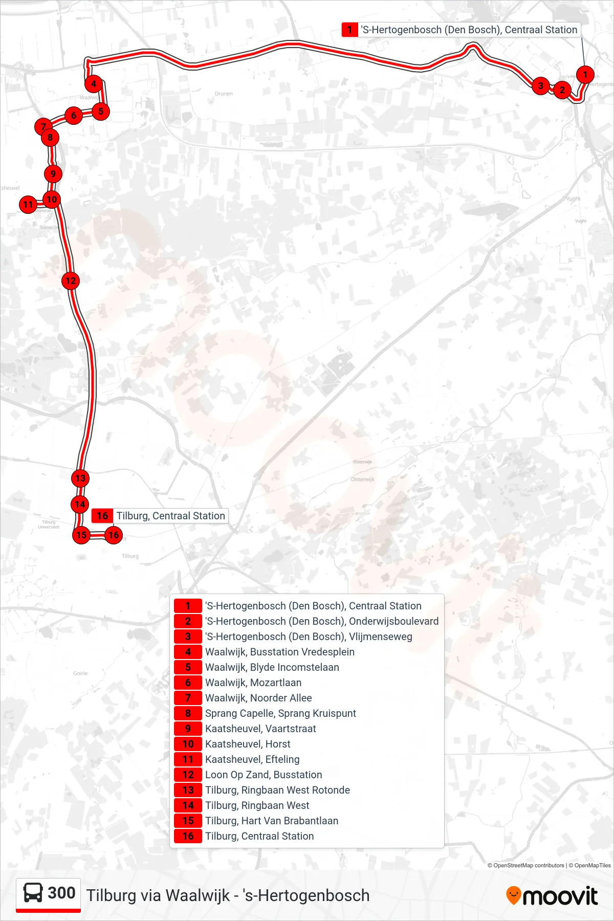 Lijn 300 (bus, Tilburg): route en haltes op de kaart