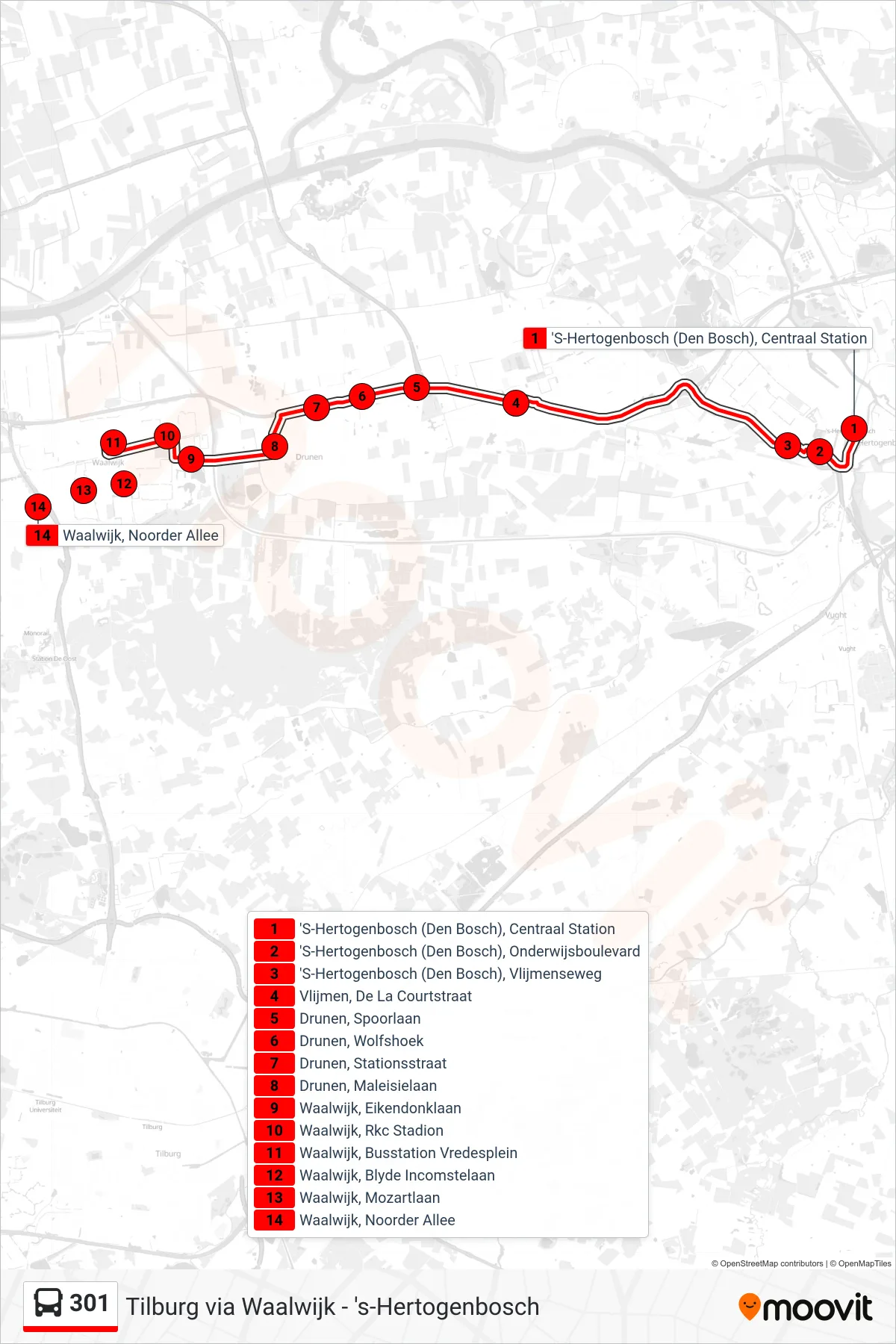 301 bus Line (Waalwijk) route and stops on a map