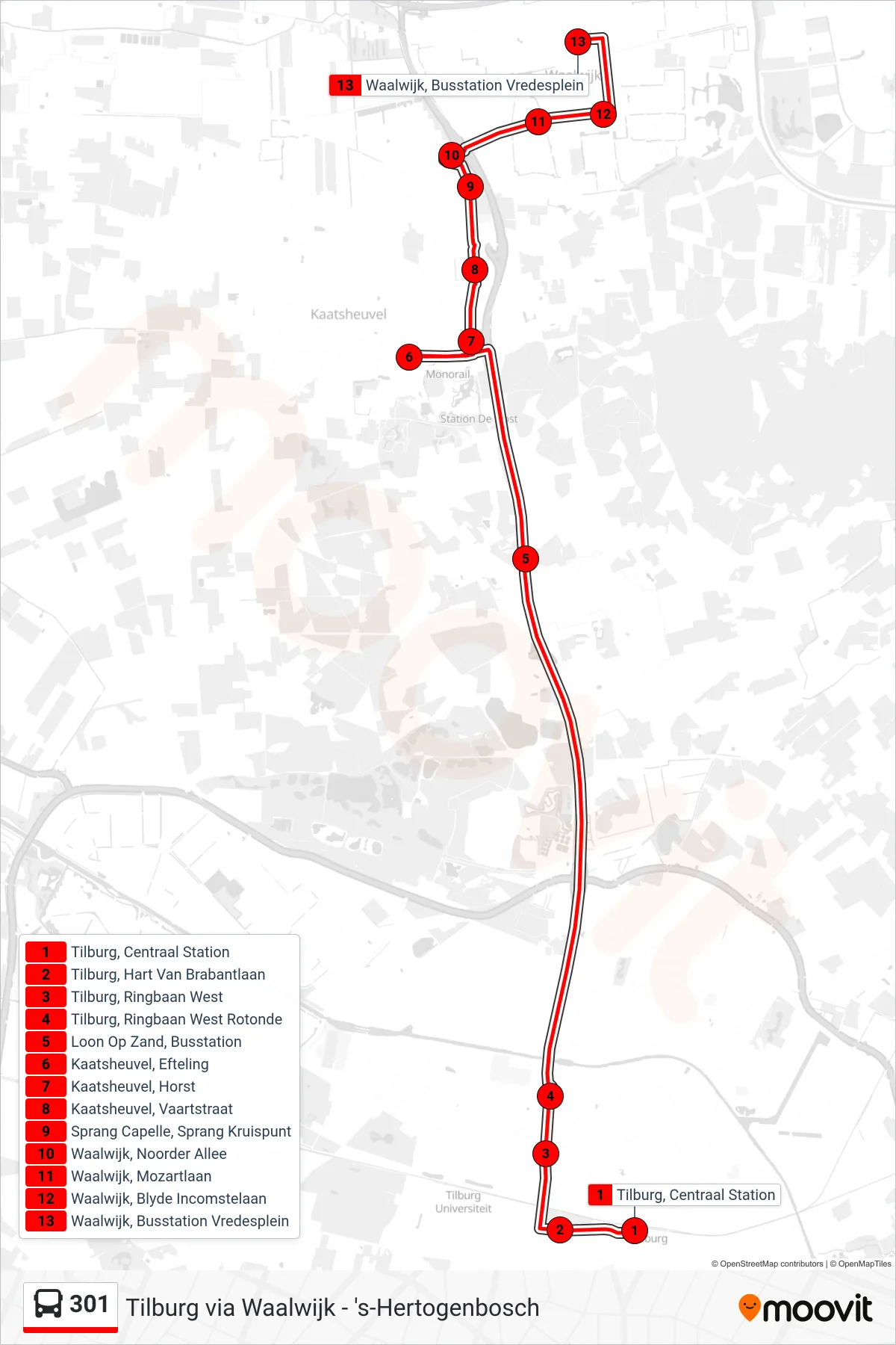 301 bus Line (Waalwijk) route and stops on a map