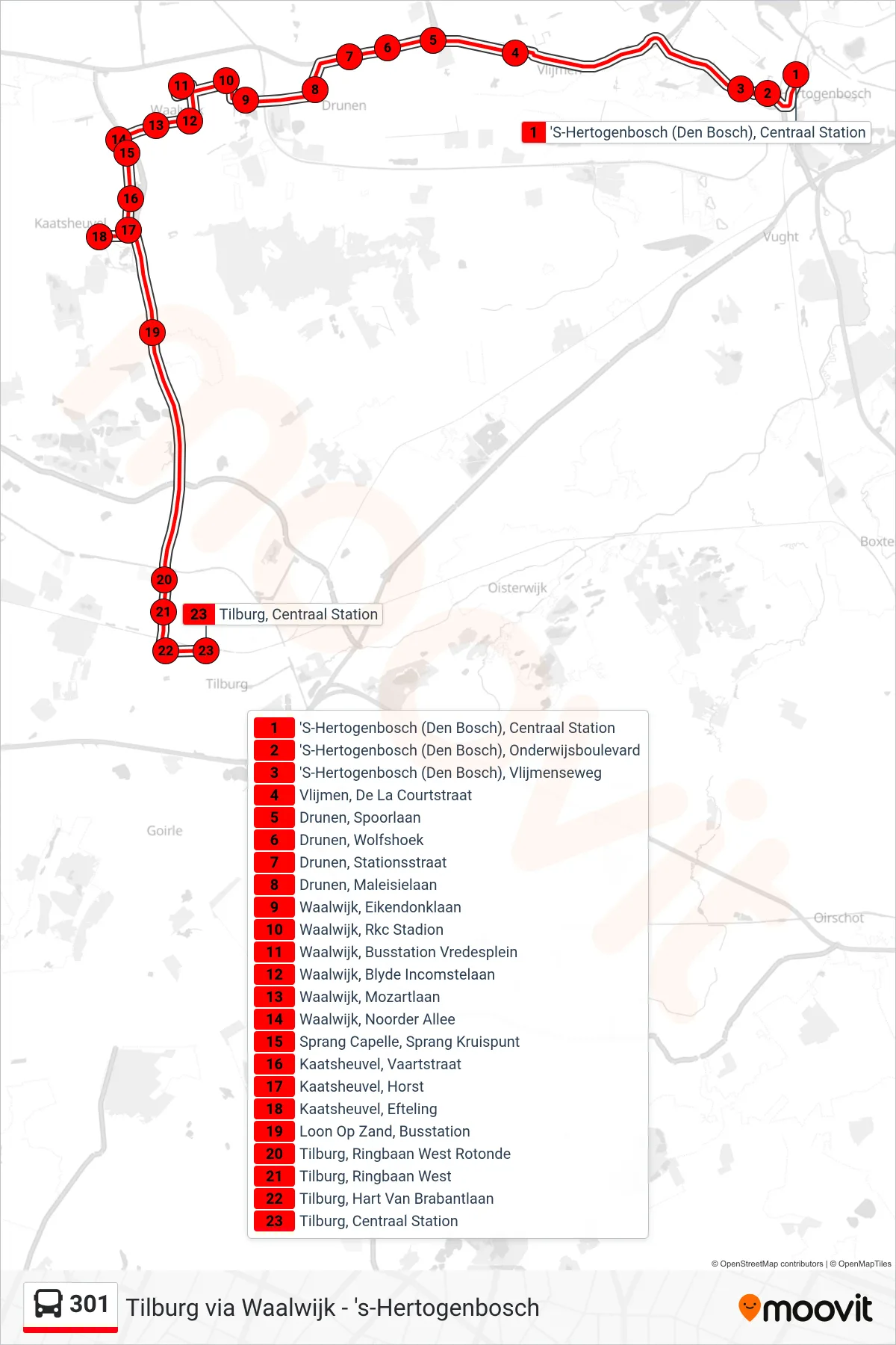 Lijn 301 (bus, Tilburg): route en haltes op de kaart