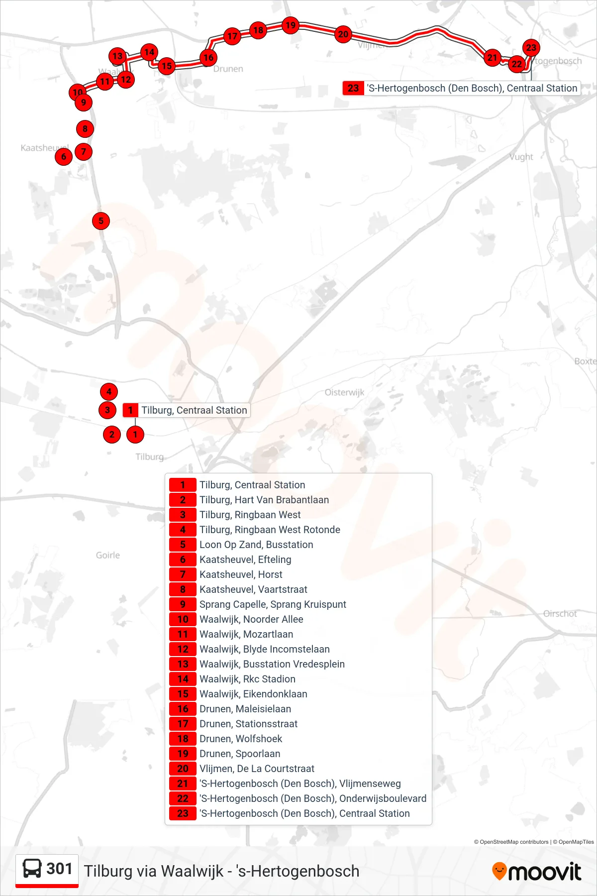 Lijn 301 (bus, Den Bosch): route en haltes op de kaart