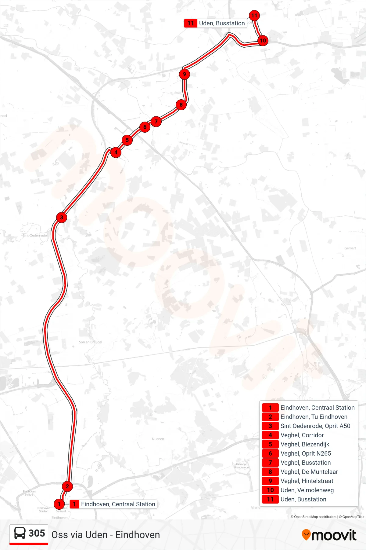 Lijn 305 (bus, Uden): route en haltes op de kaart
