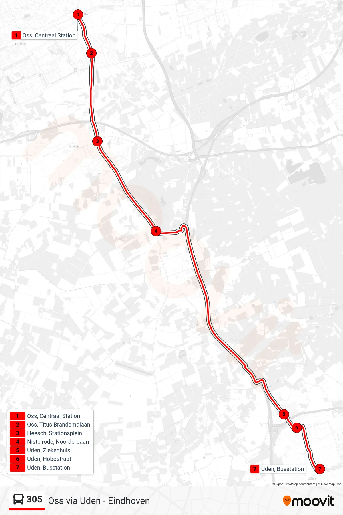 305 bus Line (Uden) route and stops on a map