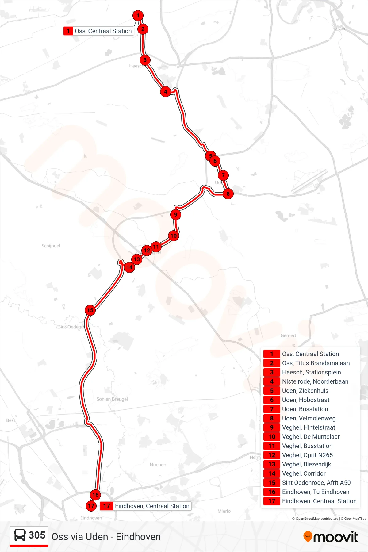 Lijn 305 (bus, Eindhoven): route en haltes op de kaart