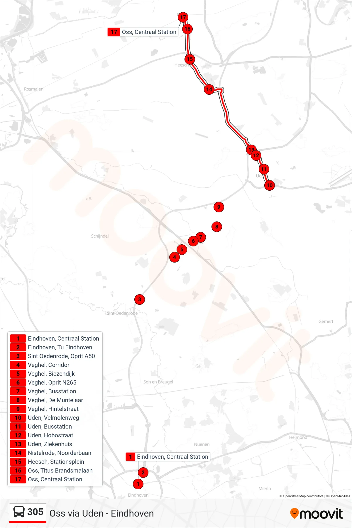 Lijn 305 (bus, Oss): route en haltes op de kaart
