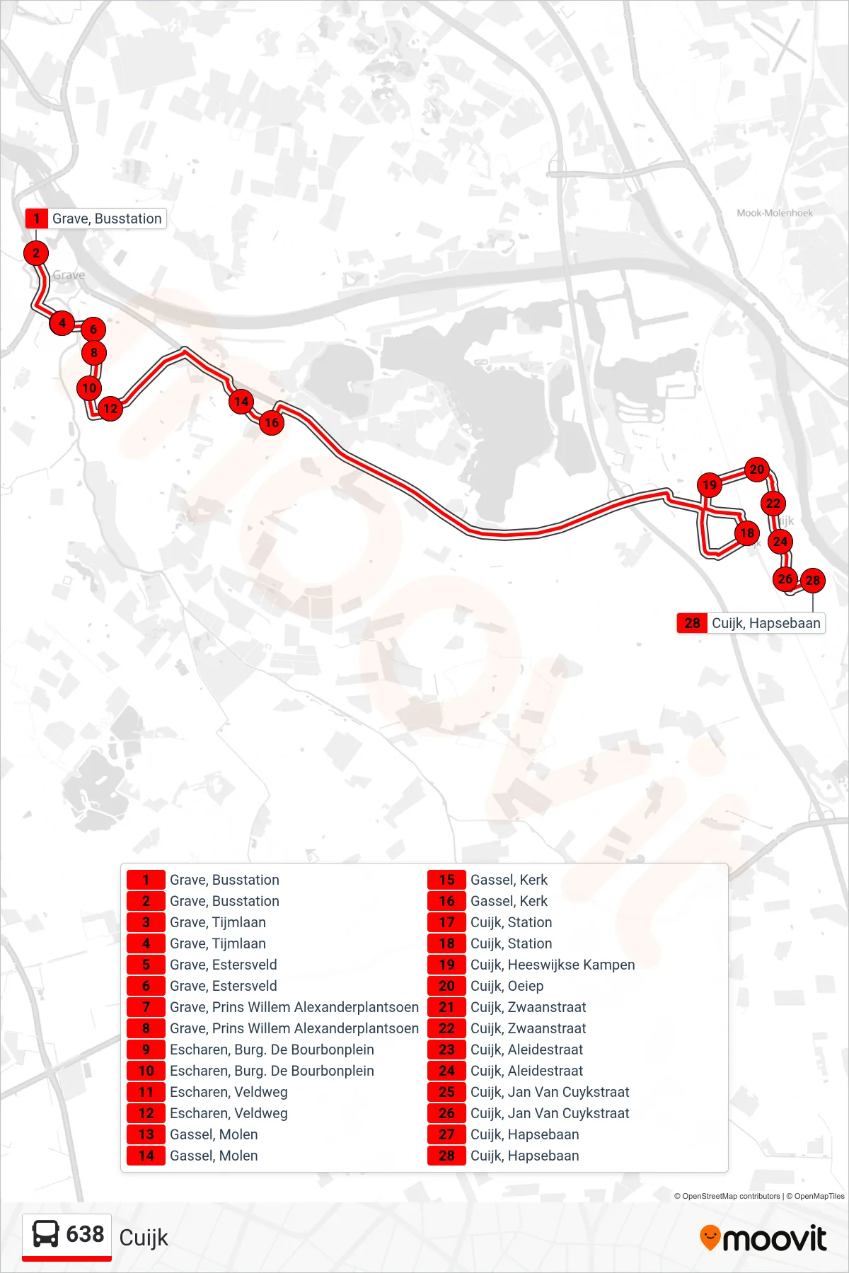 Lijn 638 (bus, Cuijk): route en haltes op de kaart