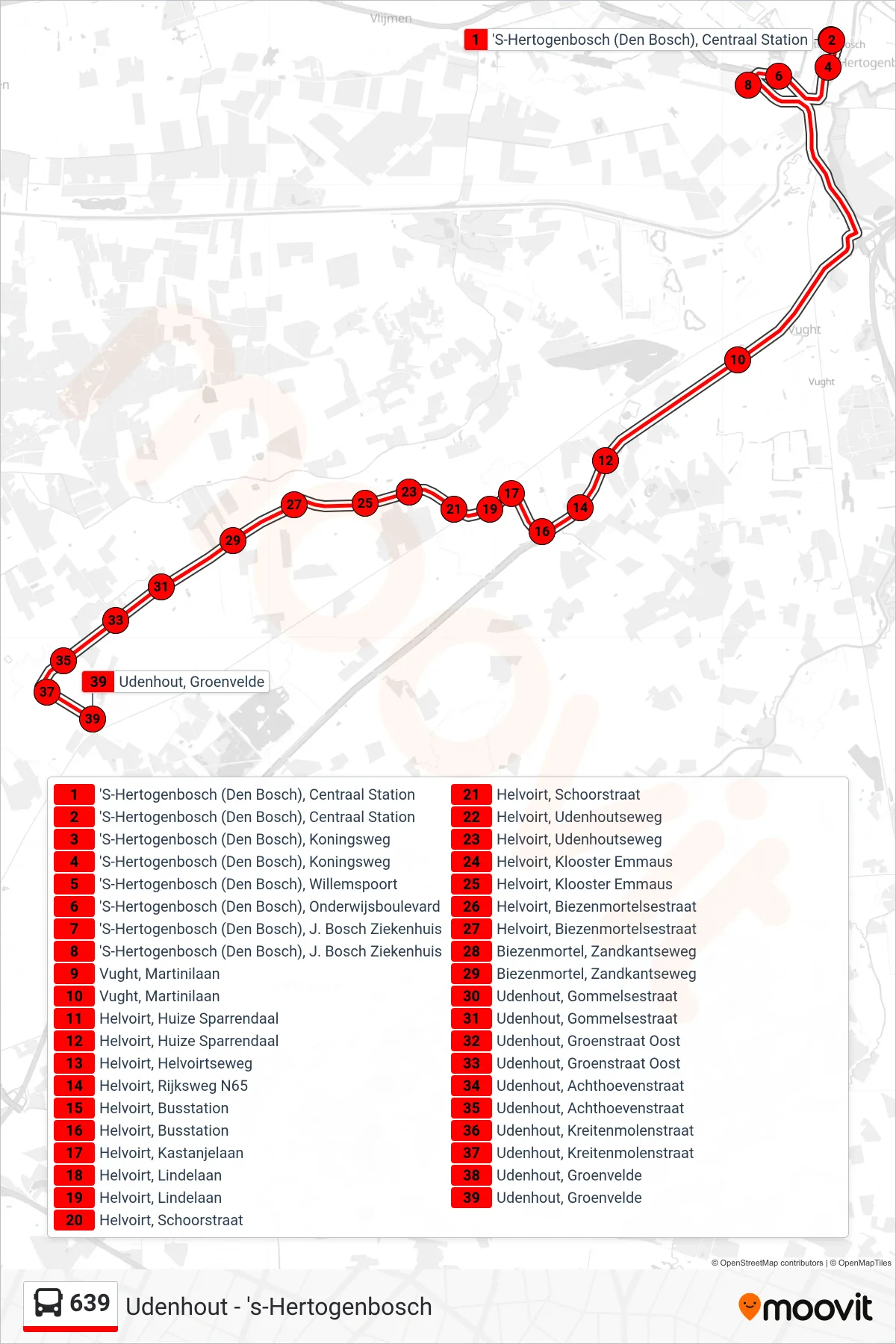 Lijn 639 (bus, Udenhout): route en haltes op de kaart