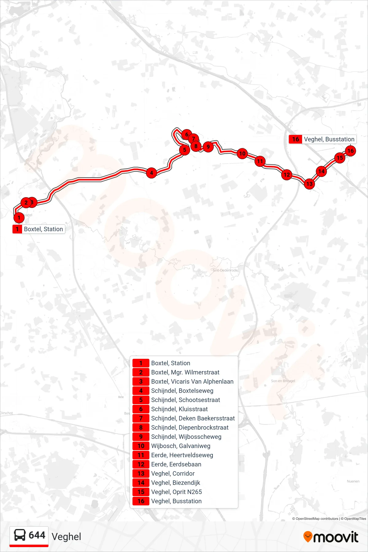 Lijn 644 (bus, Veghel): route en haltes op de kaart