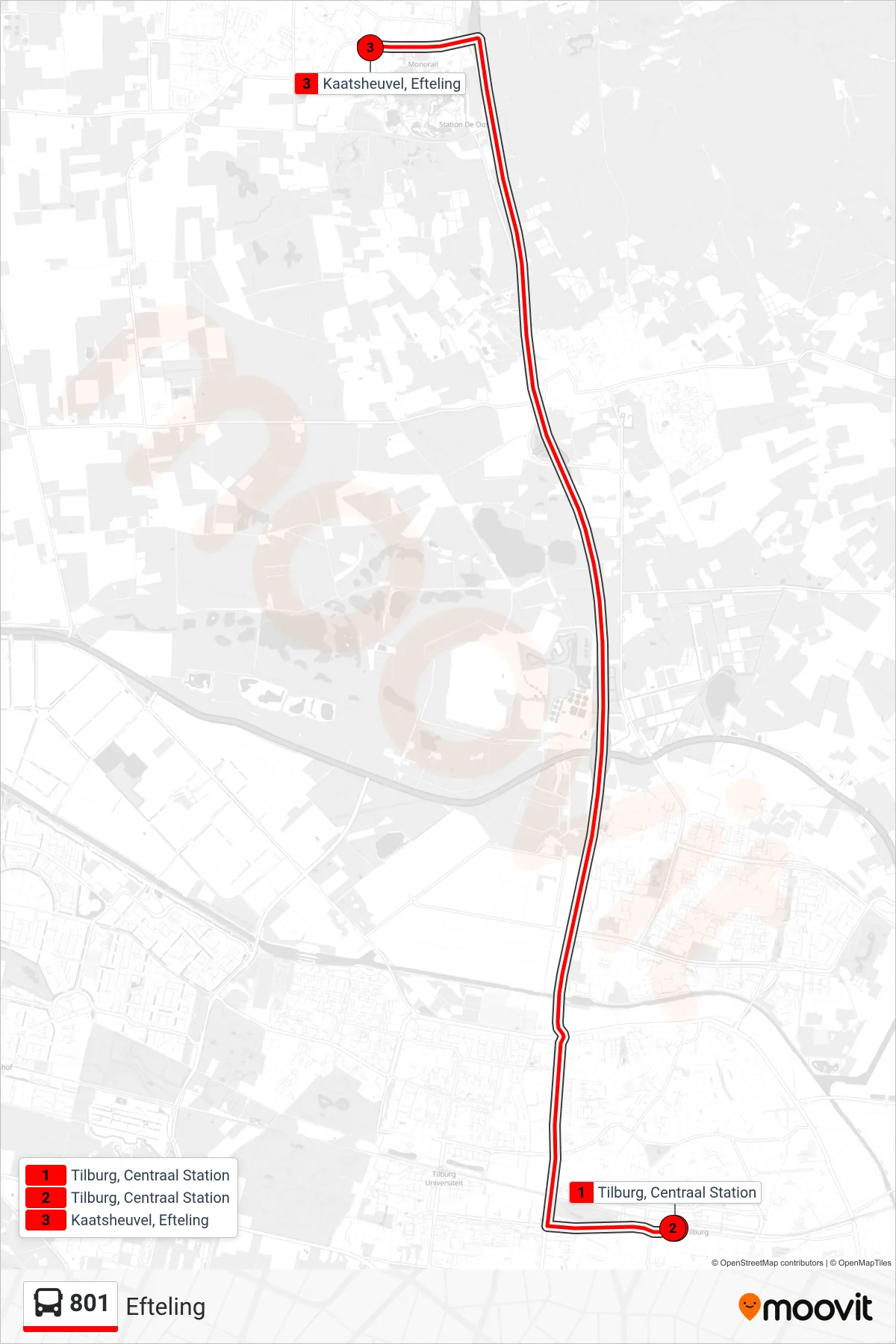 Lijn 801 (bus, Efteling): route en haltes op de kaart