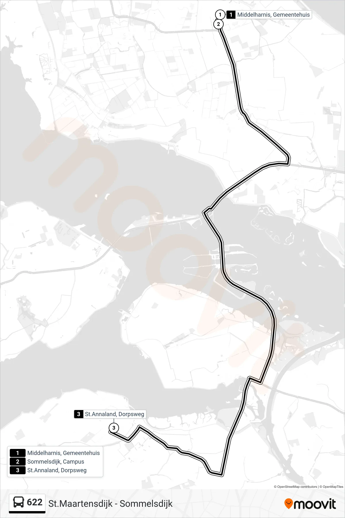 Lijn 622 (bus, St.Annaland Dorpsweg): route en haltes op de kaart