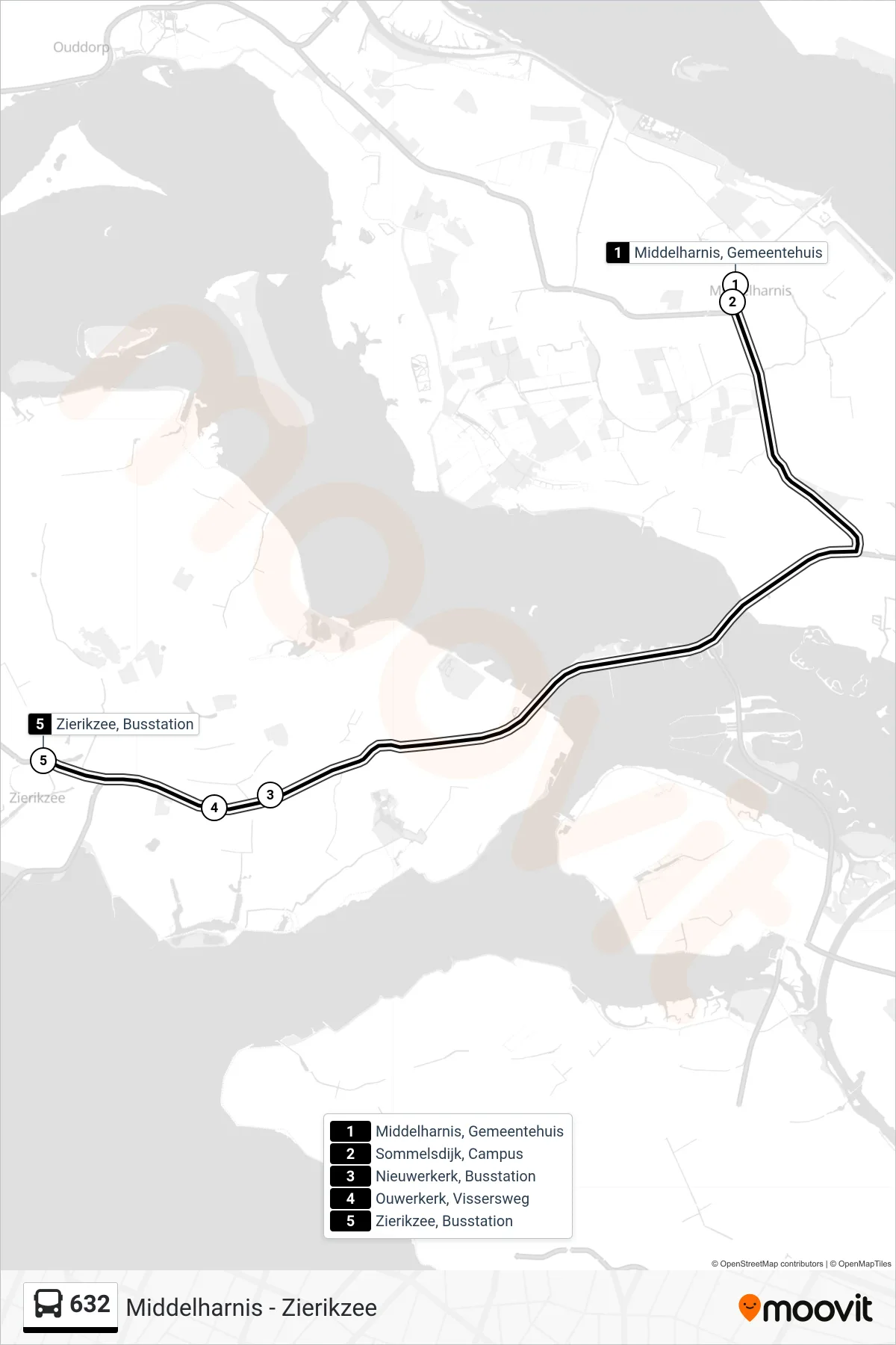 Lijn 632 (bus, Zierikzee Busstation): route en haltes op de kaart