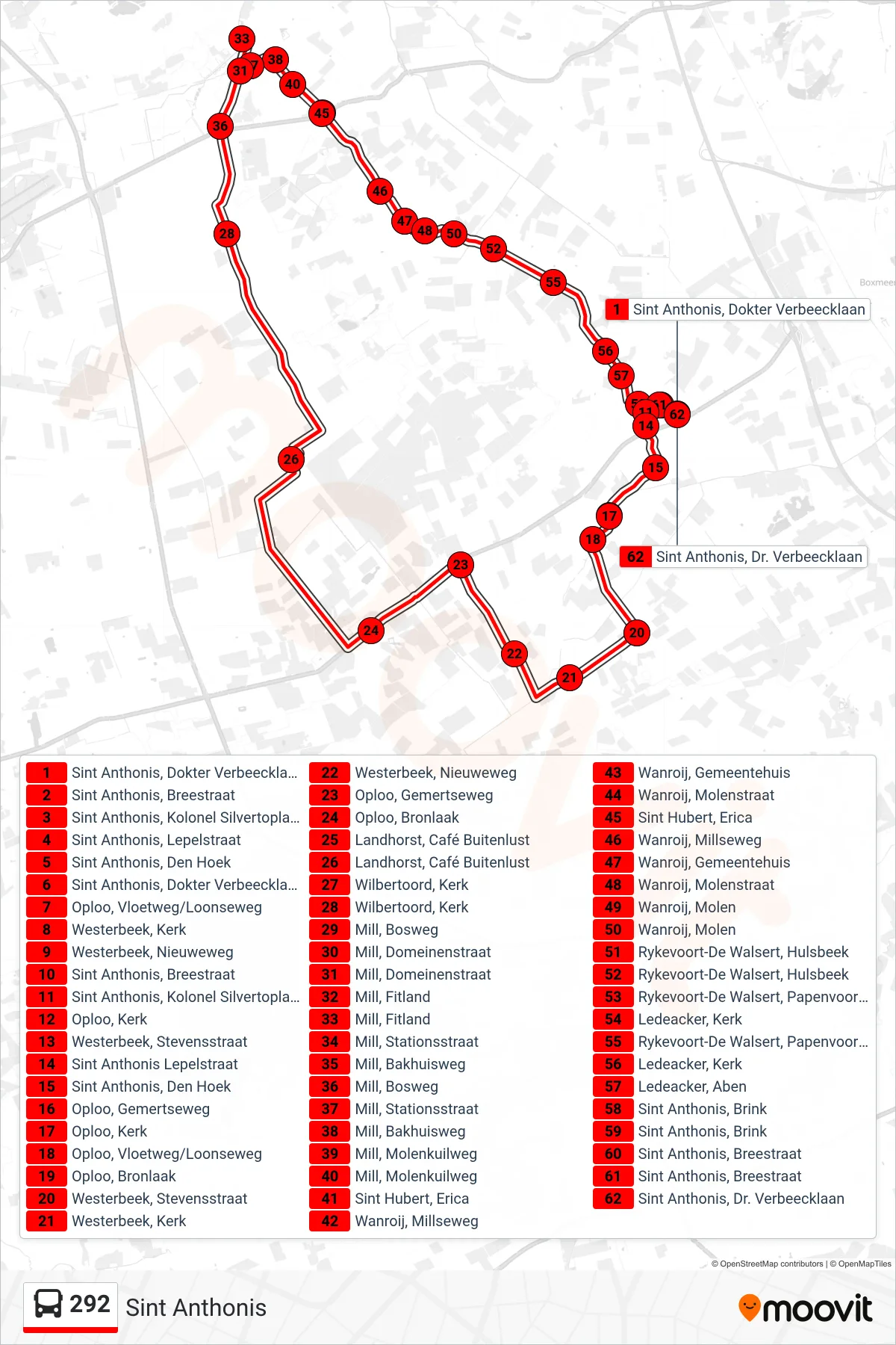Lijn 292 (bus, Sint Anthonis): route en haltes op de kaart