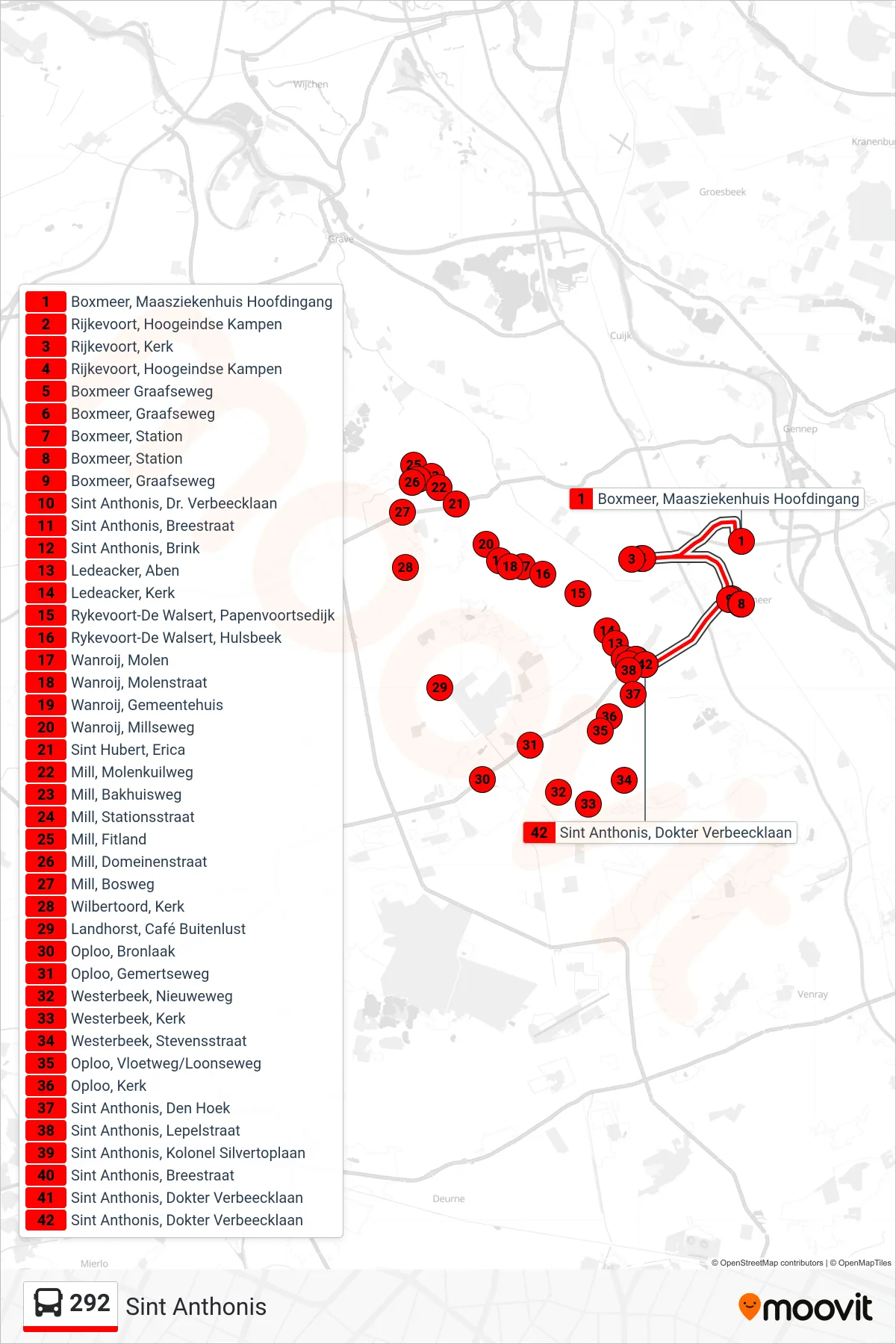 Lijn 292 (bus, Sint Anthonis): route en haltes op de kaart