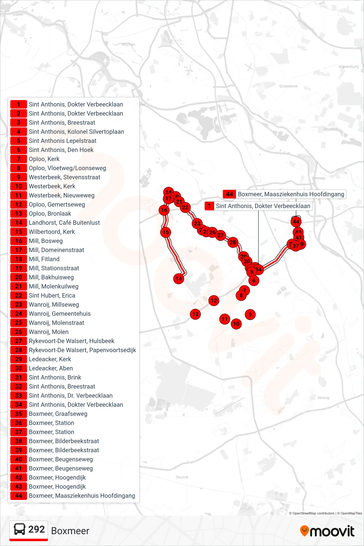 Lijn 292 (bus, Boxmeer): route en haltes op de kaart