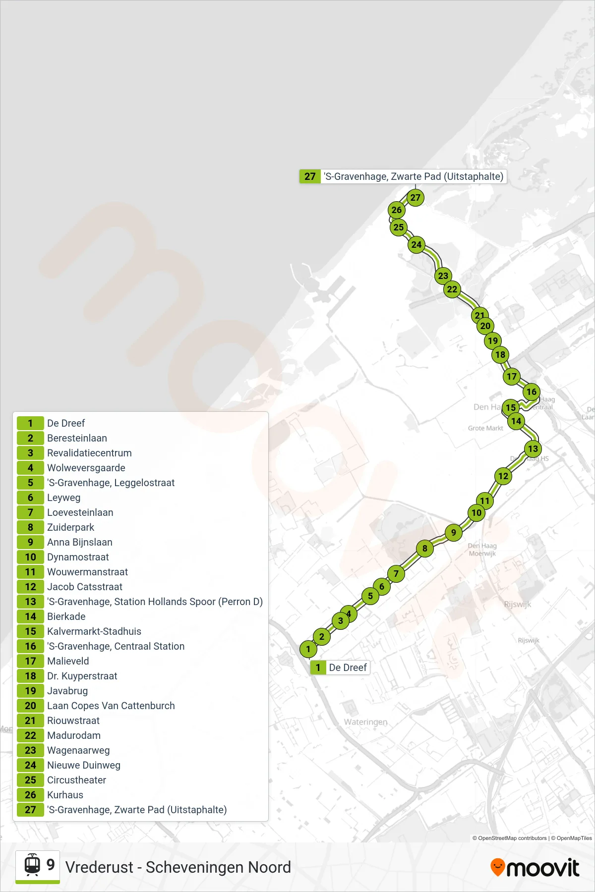 Lijn 9 (tram, Vrederust): route en haltes op de kaart