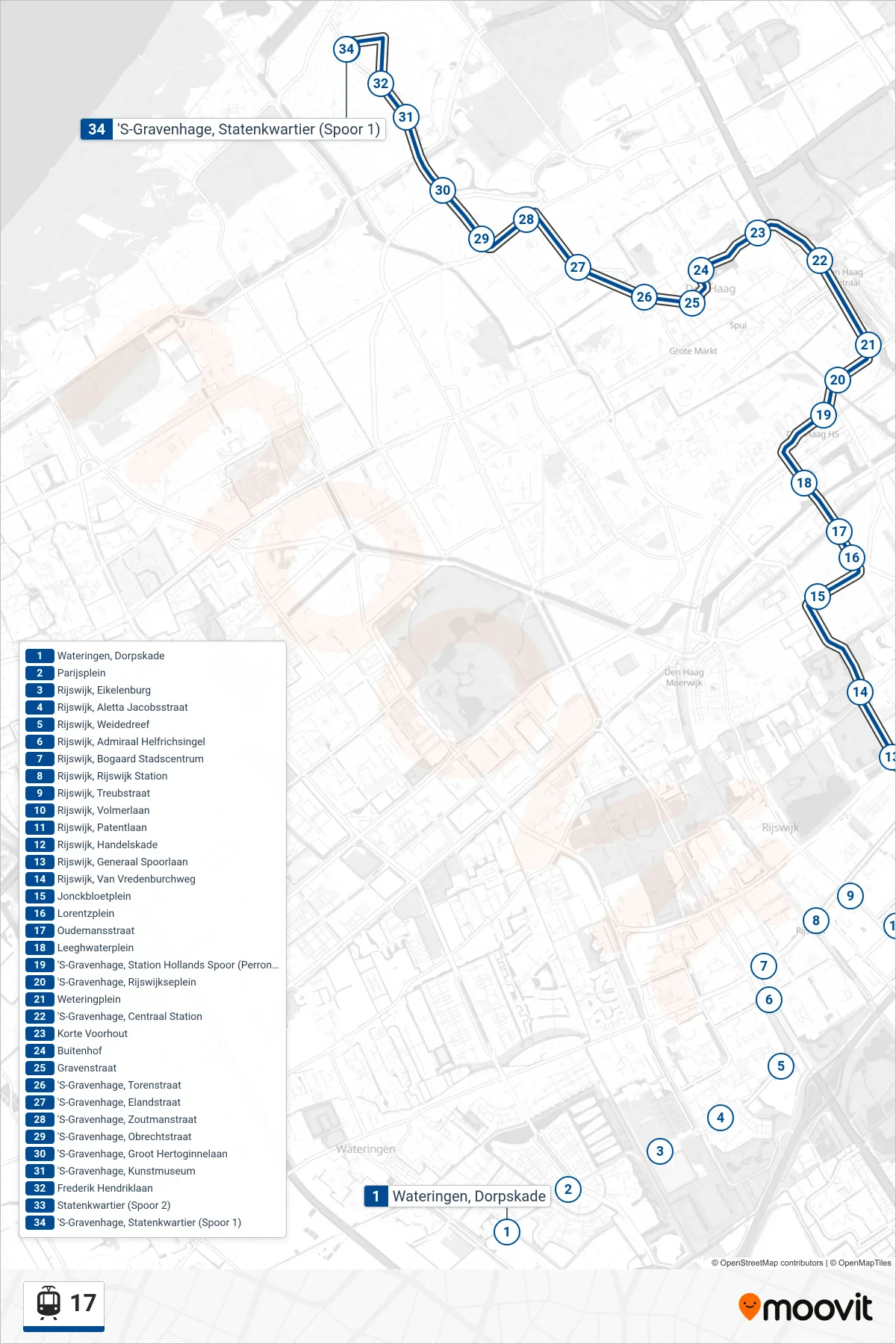 Linie 17 (Straßenbahn) Richtung Wateringen: Route und Haltestellen auf der Karte