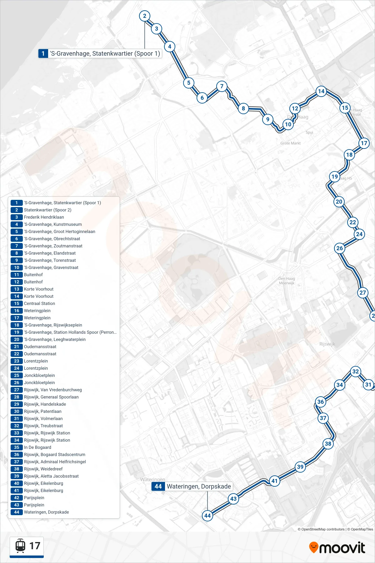 Lijn 17 (tram, Centraal Station): route en haltes op de kaart