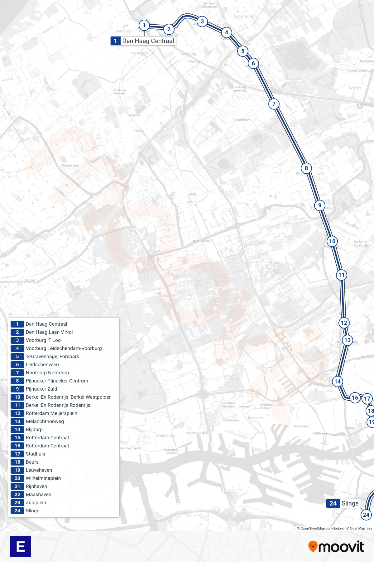 Lijn E (metro, Slinge): route en haltes op de kaart