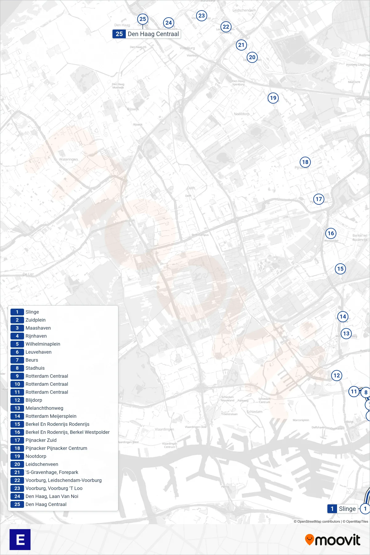 E metro Line (Den Haag Centraal) route and stops on a map