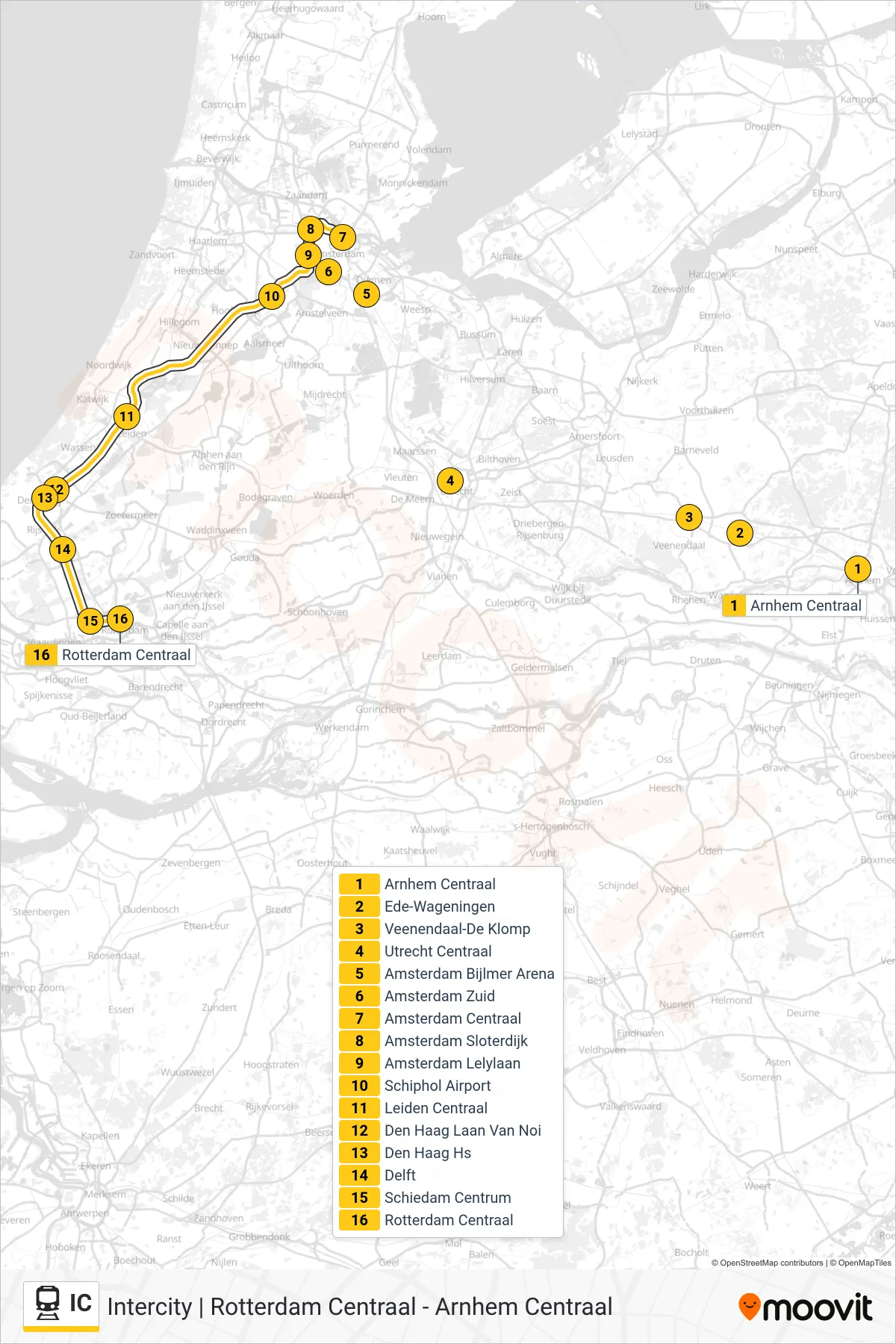 Lijn IC (trein, Rotterdam Centraal): route en haltes op de kaart