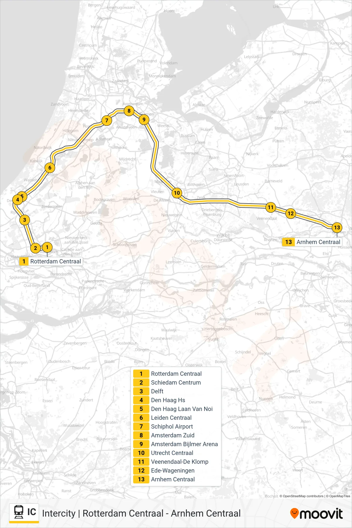 Lijn IC (trein, Arnhem Centraal): route en haltes op de kaart