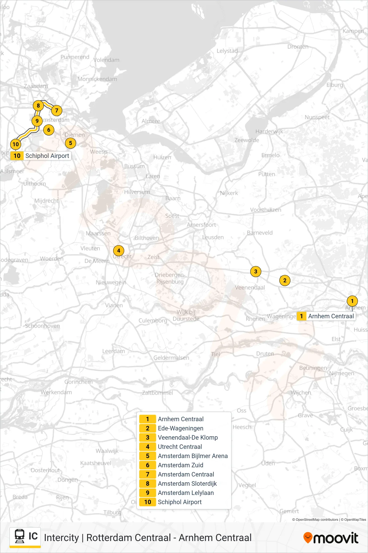 IC train Line (Schiphol Airport) route and stops on a map