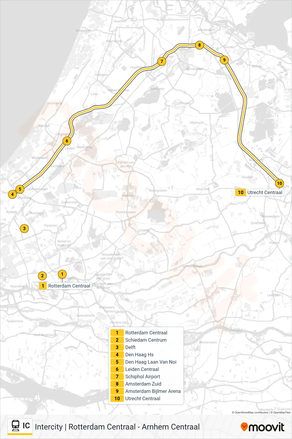 IC train Line (Utrecht Centraal) route and stops on a map