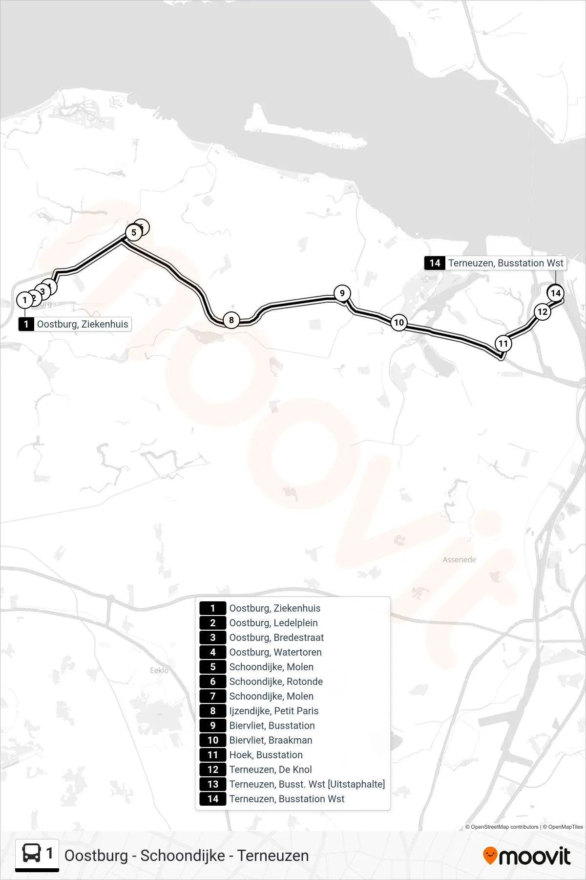 Lijn 1 (bus, Terneuzen Busstation Wst): route en haltes op de kaart