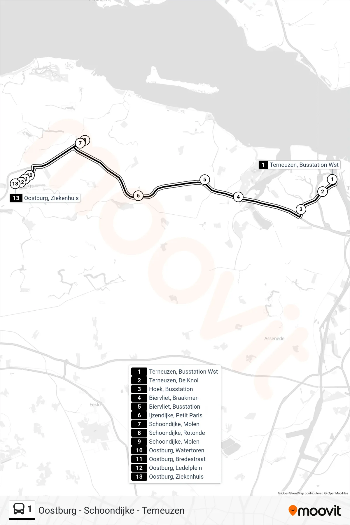 Lijn 1 (bus, Oostburg Ziekenhuis): route en haltes op de kaart