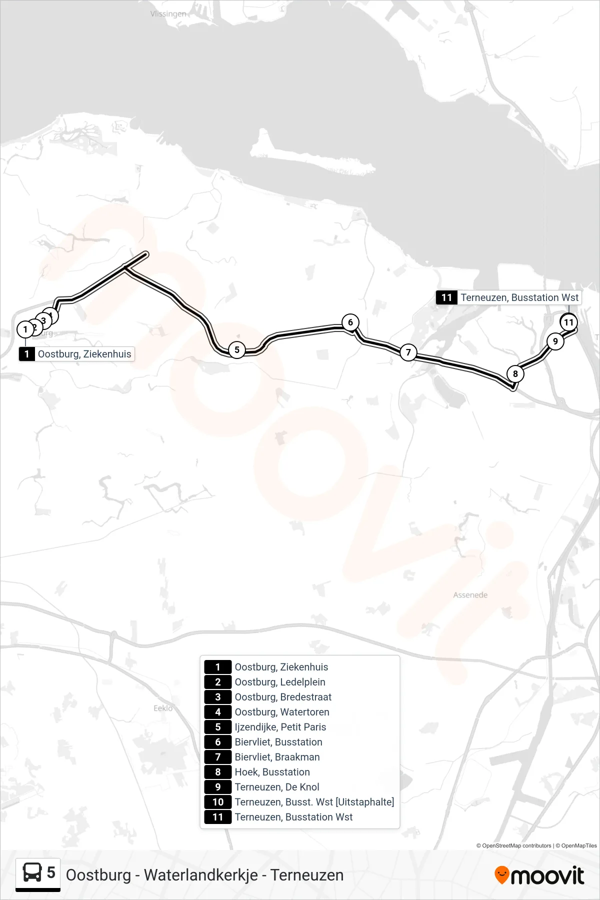 Lijn 5 (bus, Terneuzen Busstation Wst): route en haltes op de kaart