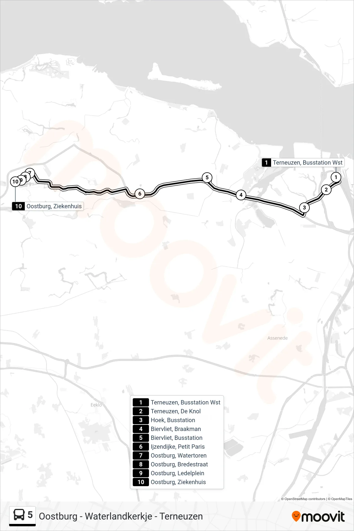 Lijn 5 (bus, Oostburg Ziekenhuis): route en haltes op de kaart
