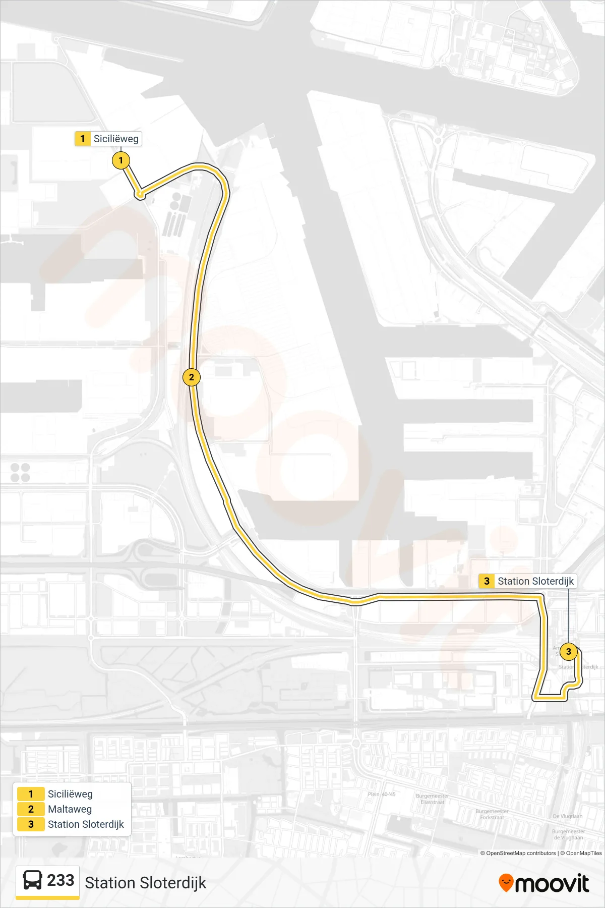 233 bus Line (Station Sloterdijk) route and stops on a map