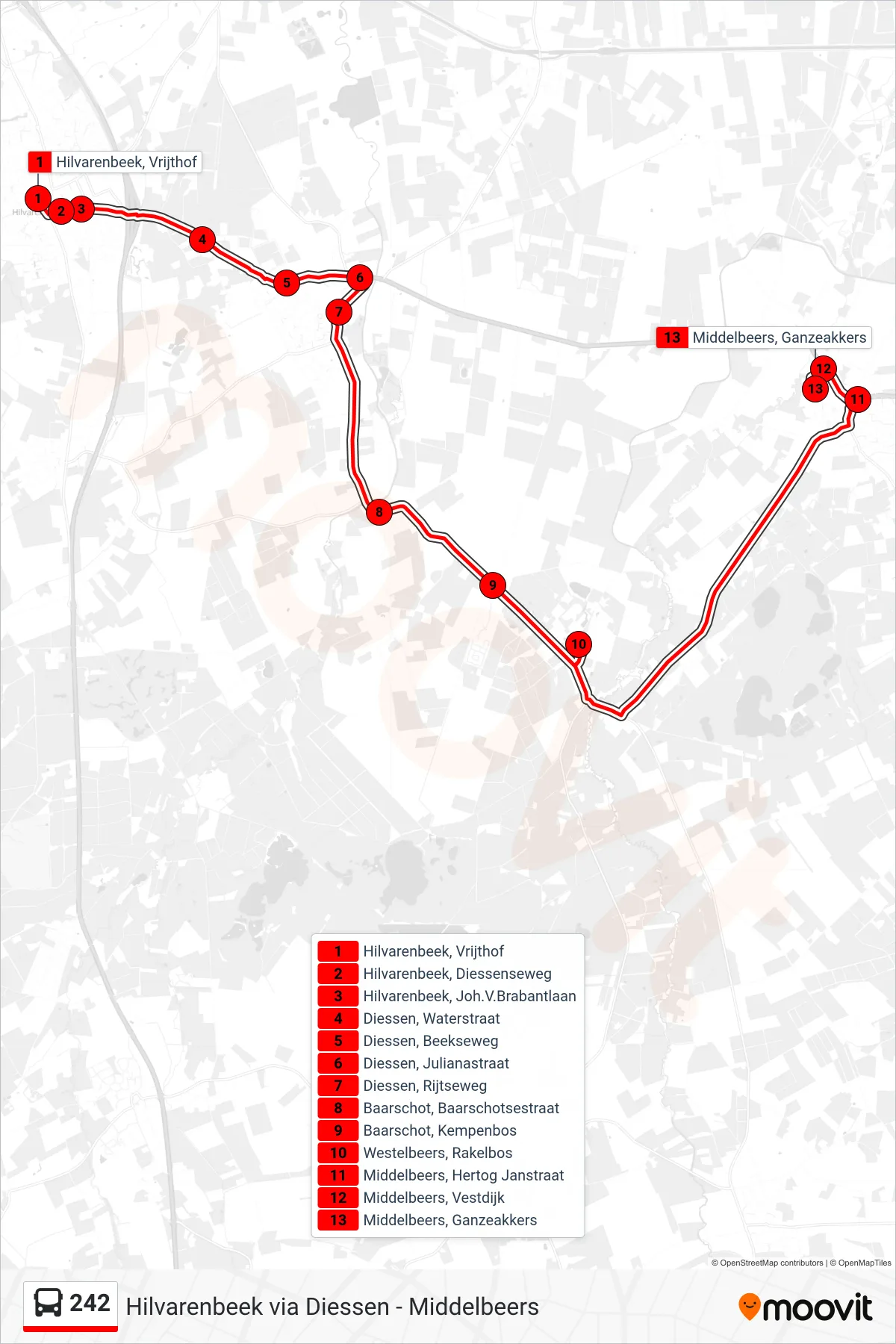 Lijn 242 (bus, Middelbeers): route en haltes op de kaart