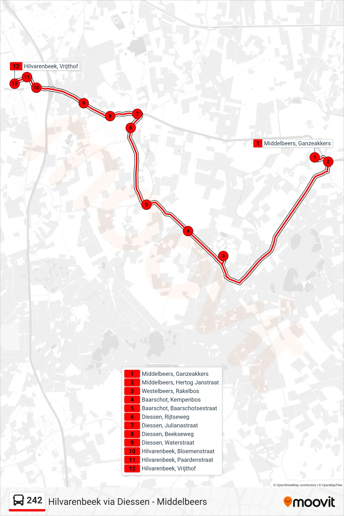Lijn 242 (bus, Hilvarenbeek): route en haltes op de kaart