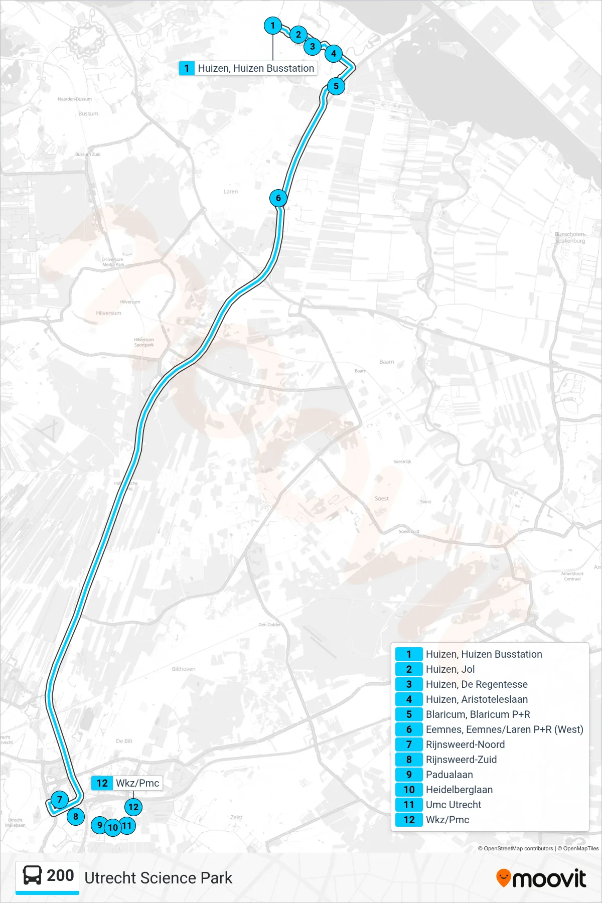 Lijn 200 (bus, Utrecht Science Park): route en haltes op de kaart