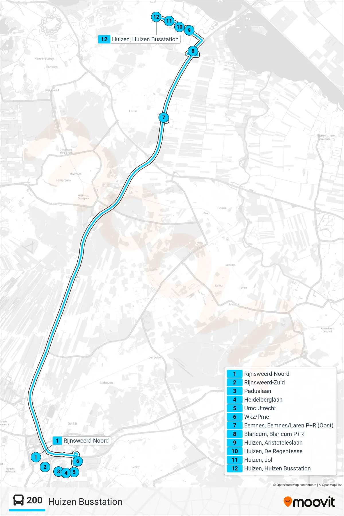 Lijn 200 (bus, Huizen Busstation): route en haltes op de kaart
