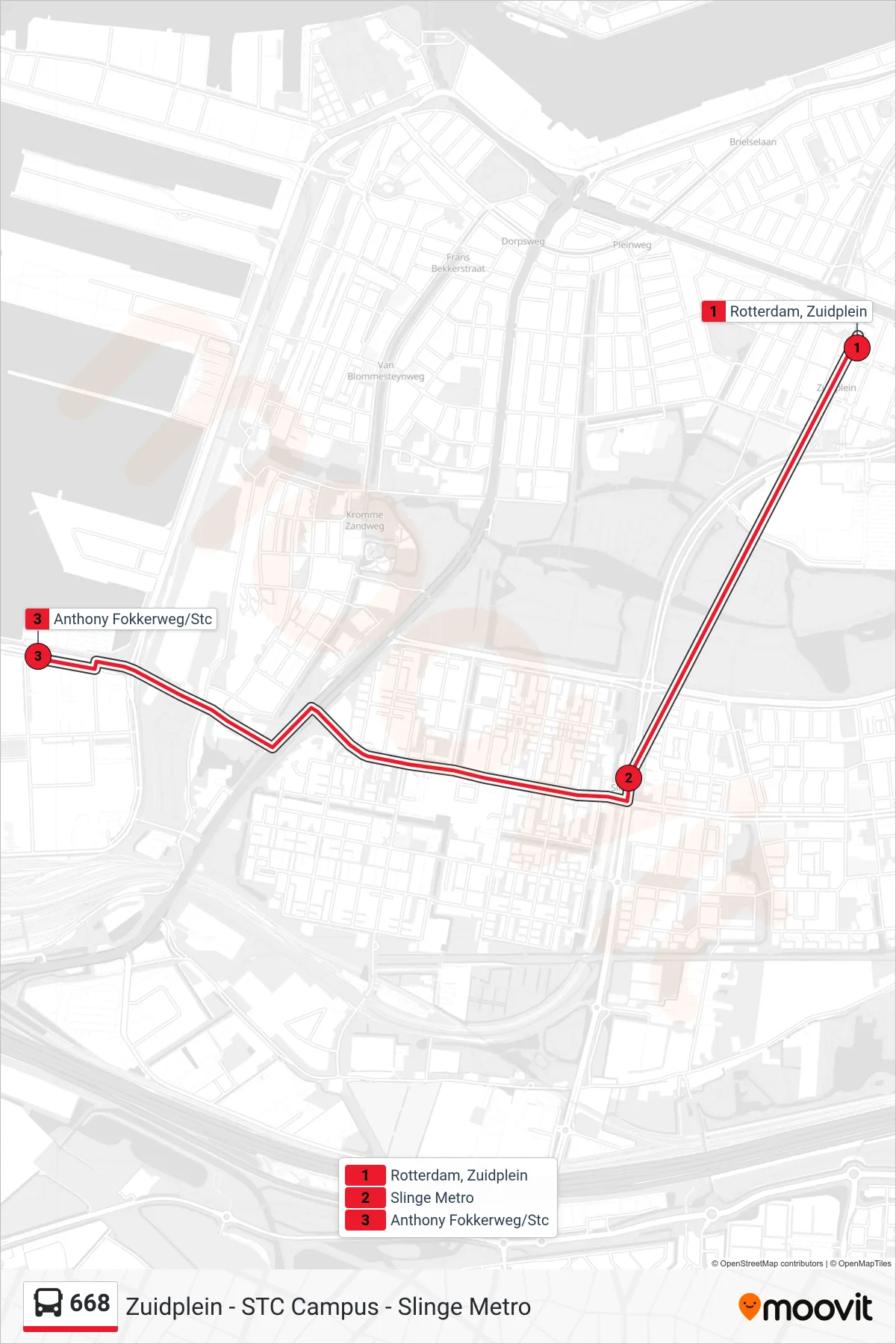 Lijn 668 (bus, STC Campus Waalhaven): route en haltes op de kaart