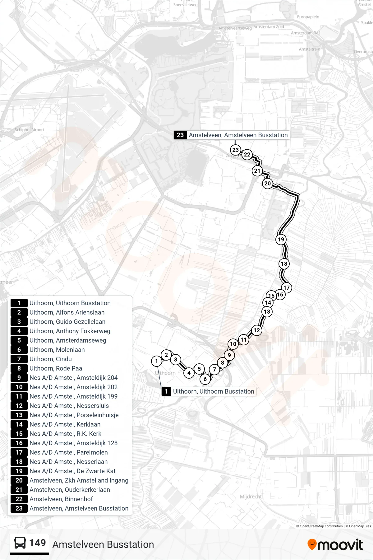 Lijn 149 (bus, Amstelveen Busstation): route en haltes op de kaart