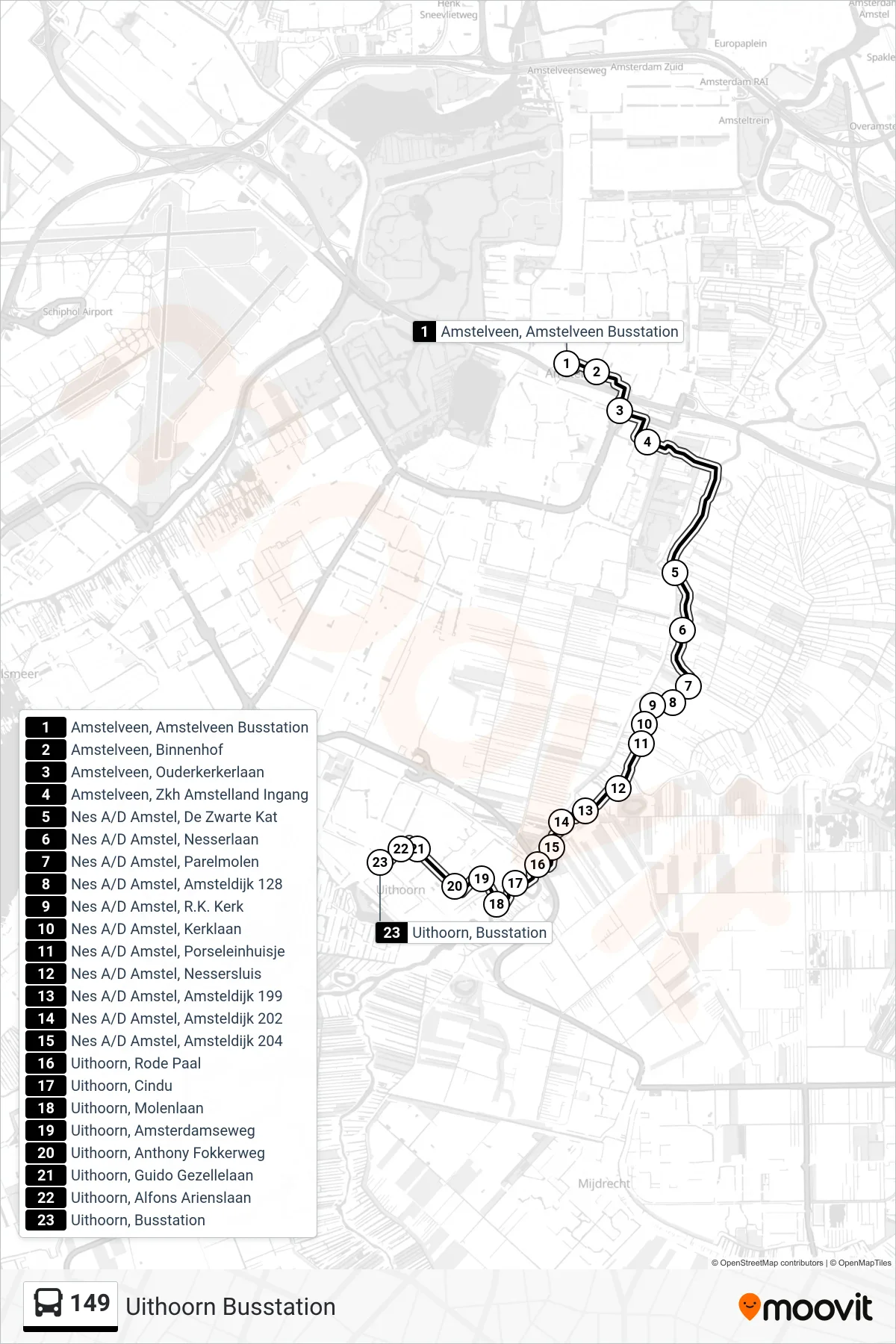 Lijn 149 (bus, Uithoorn Busstation): route en haltes op de kaart