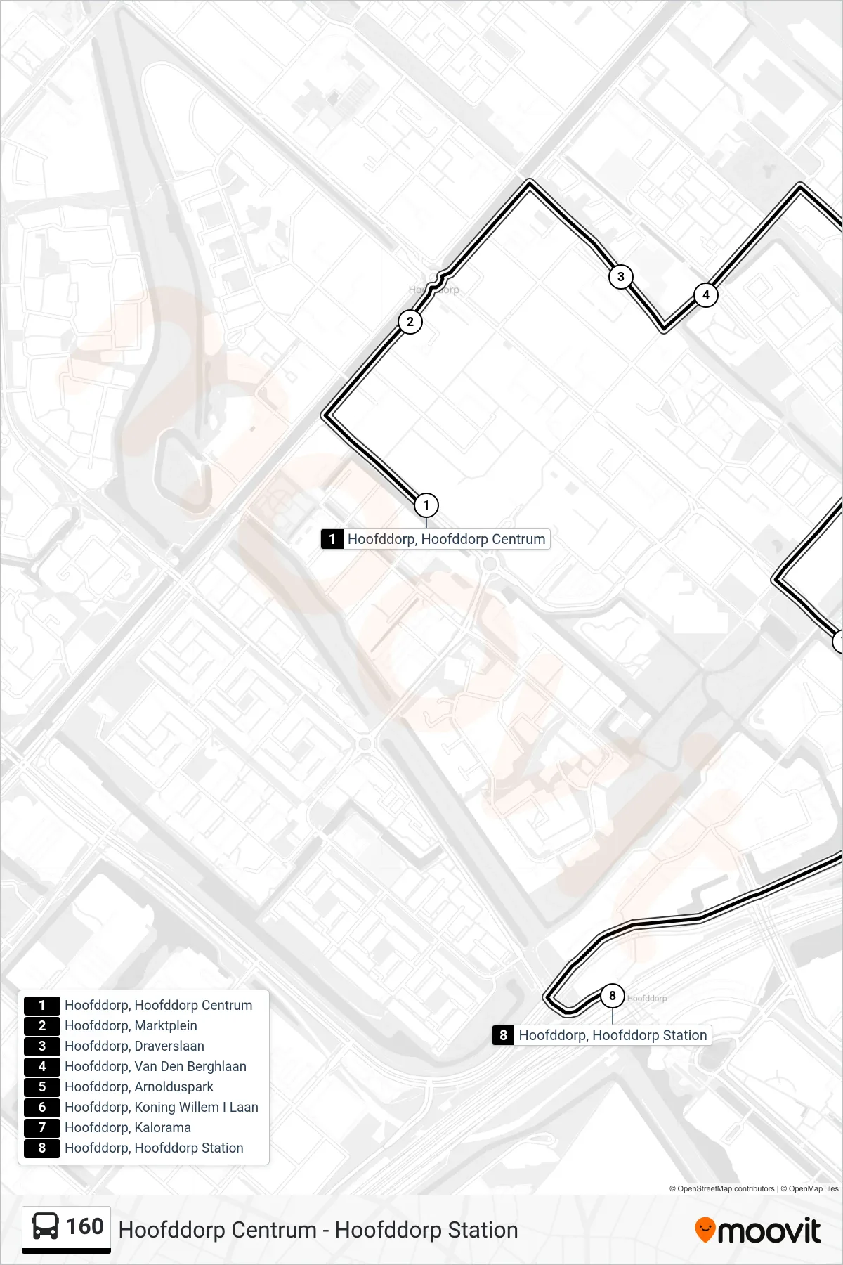 Lijn 160 (bus, Hoofddorp Station): route en haltes op de kaart