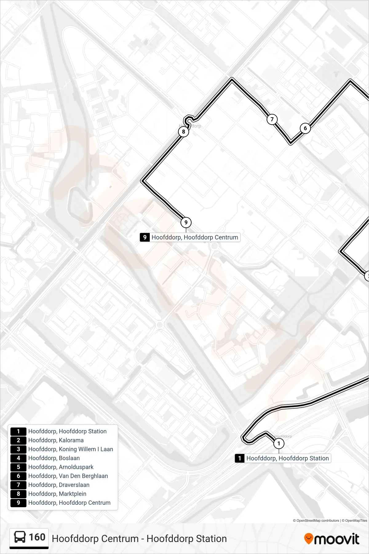 Lijn 160 (bus, Hoofddorp Centrum): route en haltes op de kaart