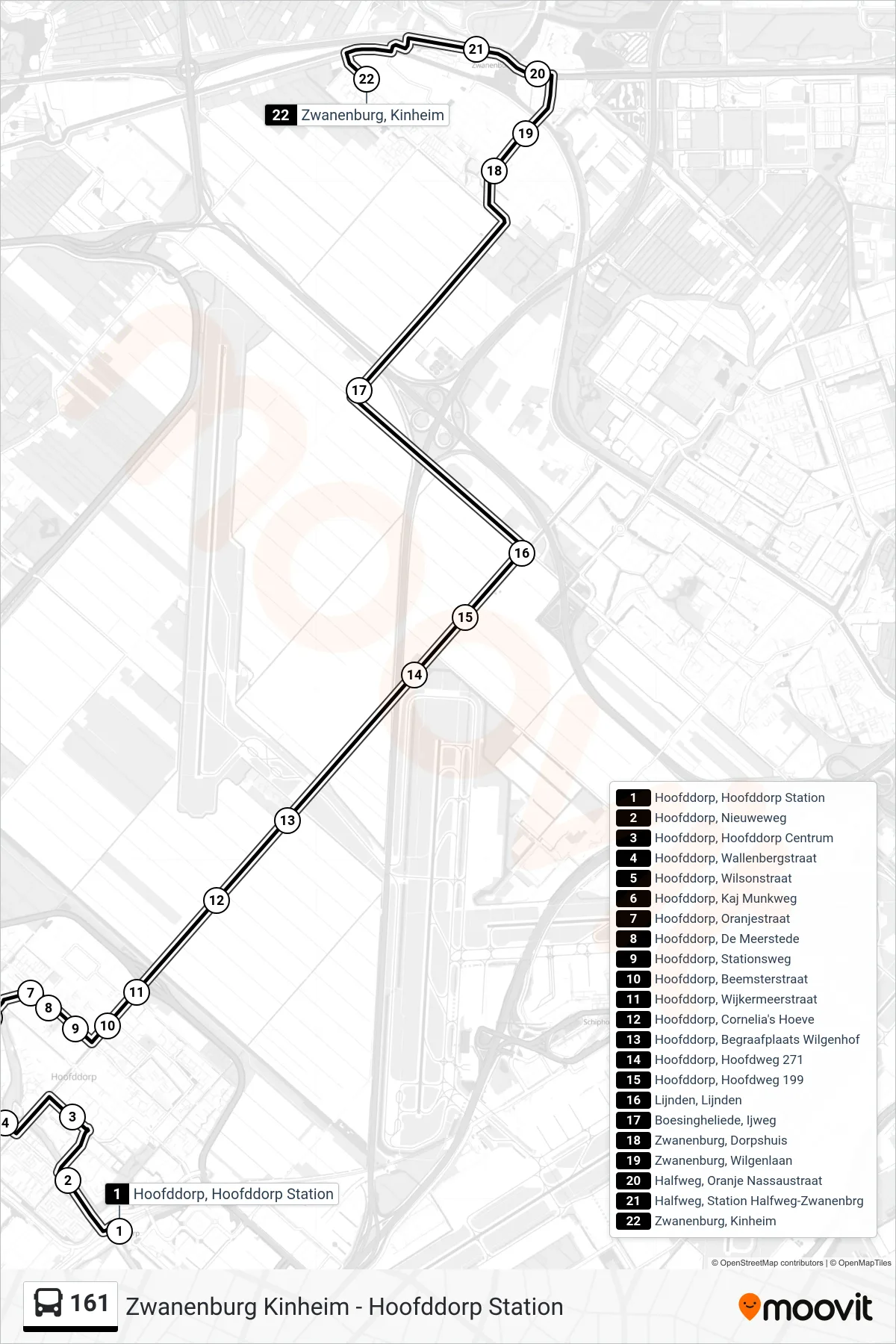 161 bus Line (Zwanenburg Kinheim) route and stops on a map