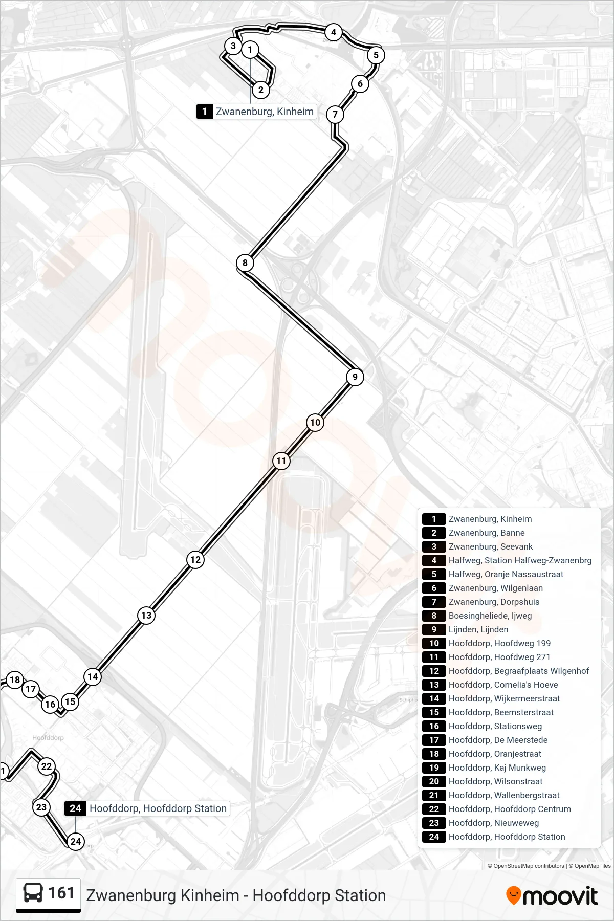 Lijn 161 (bus, Hoofddorp Station): route en haltes op de kaart