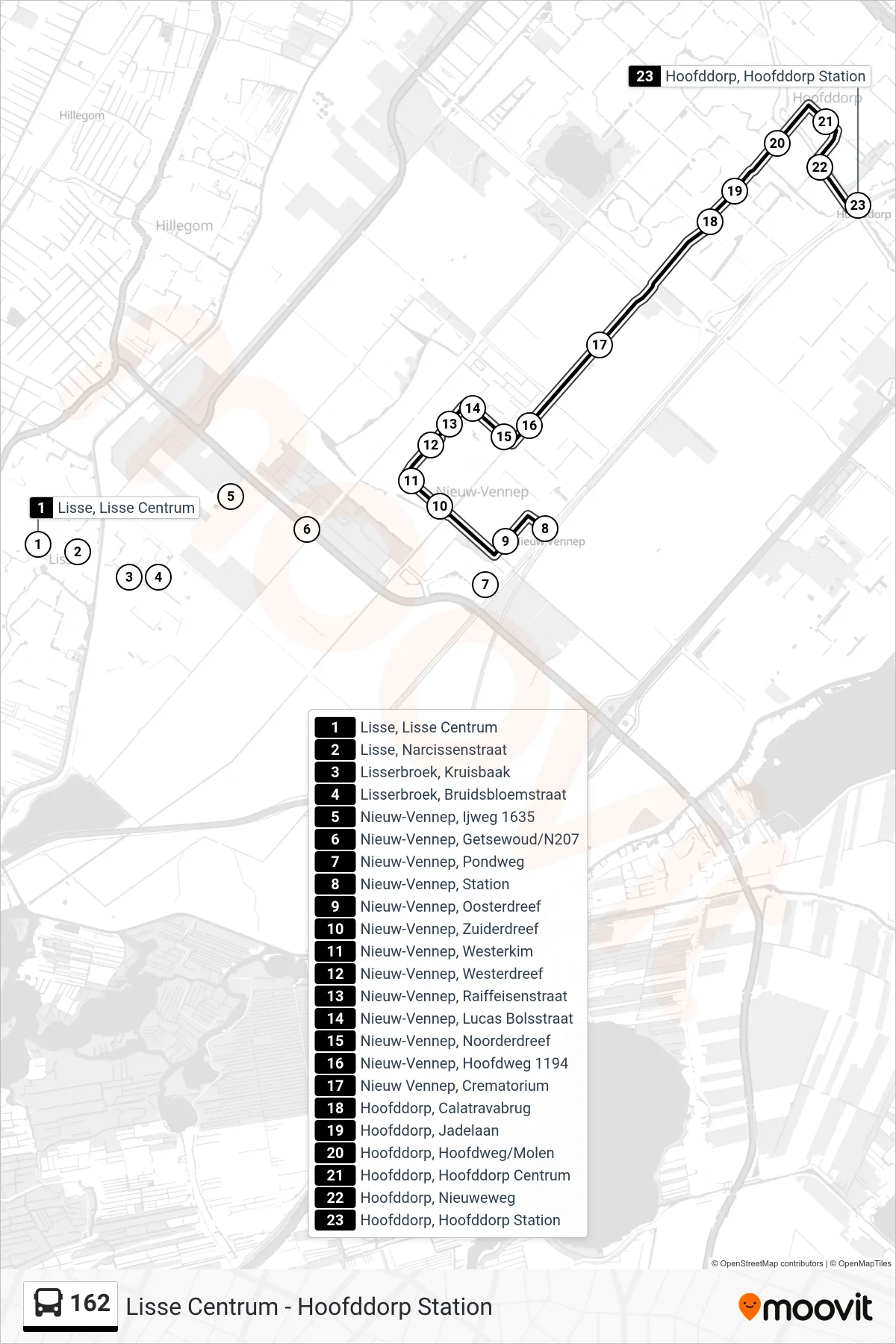 Lijn 162 (bus, Hoofddorp Station): route en haltes op de kaart