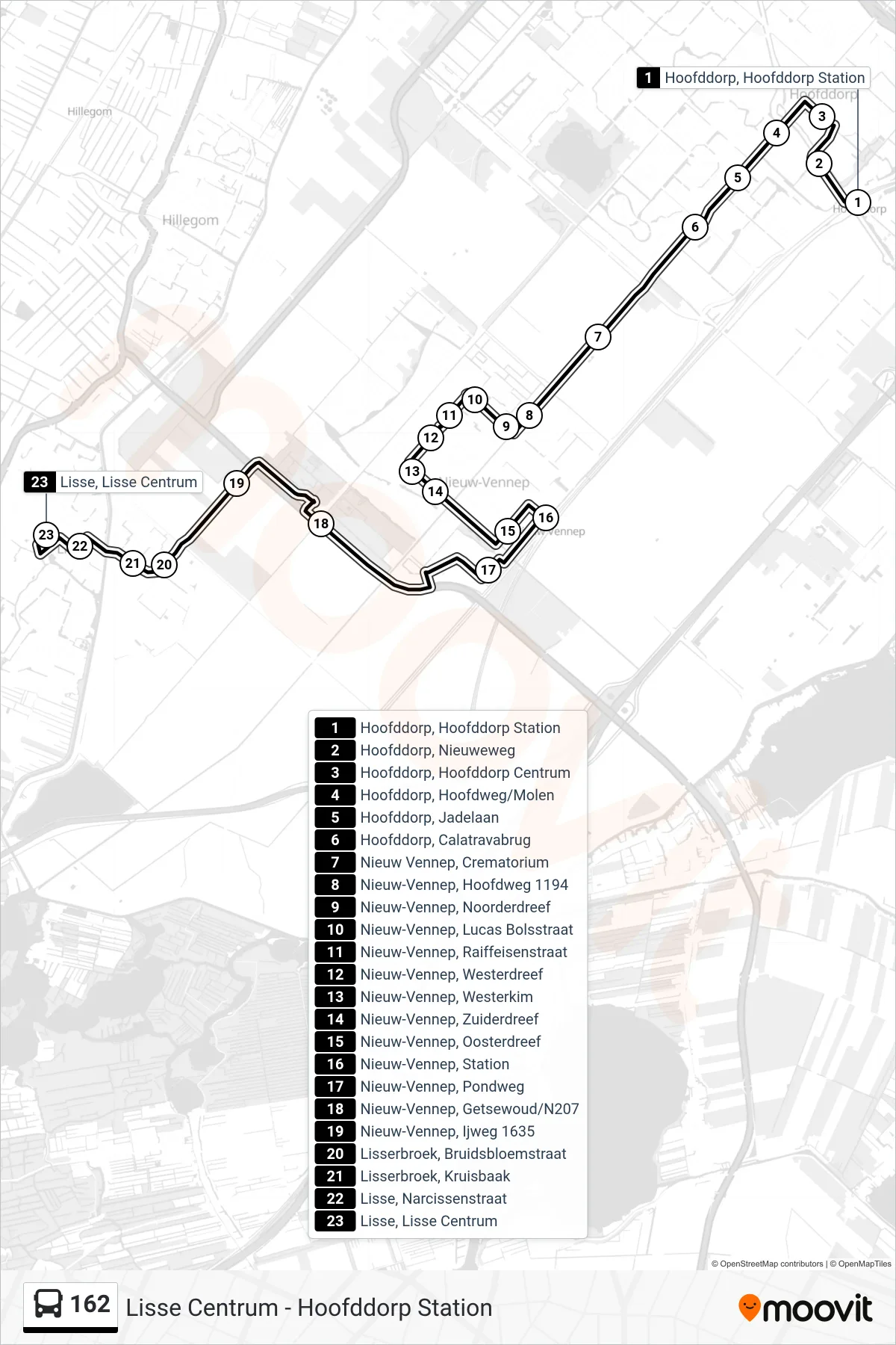 Lijn 162 (bus, Lisse Centrum): route en haltes op de kaart