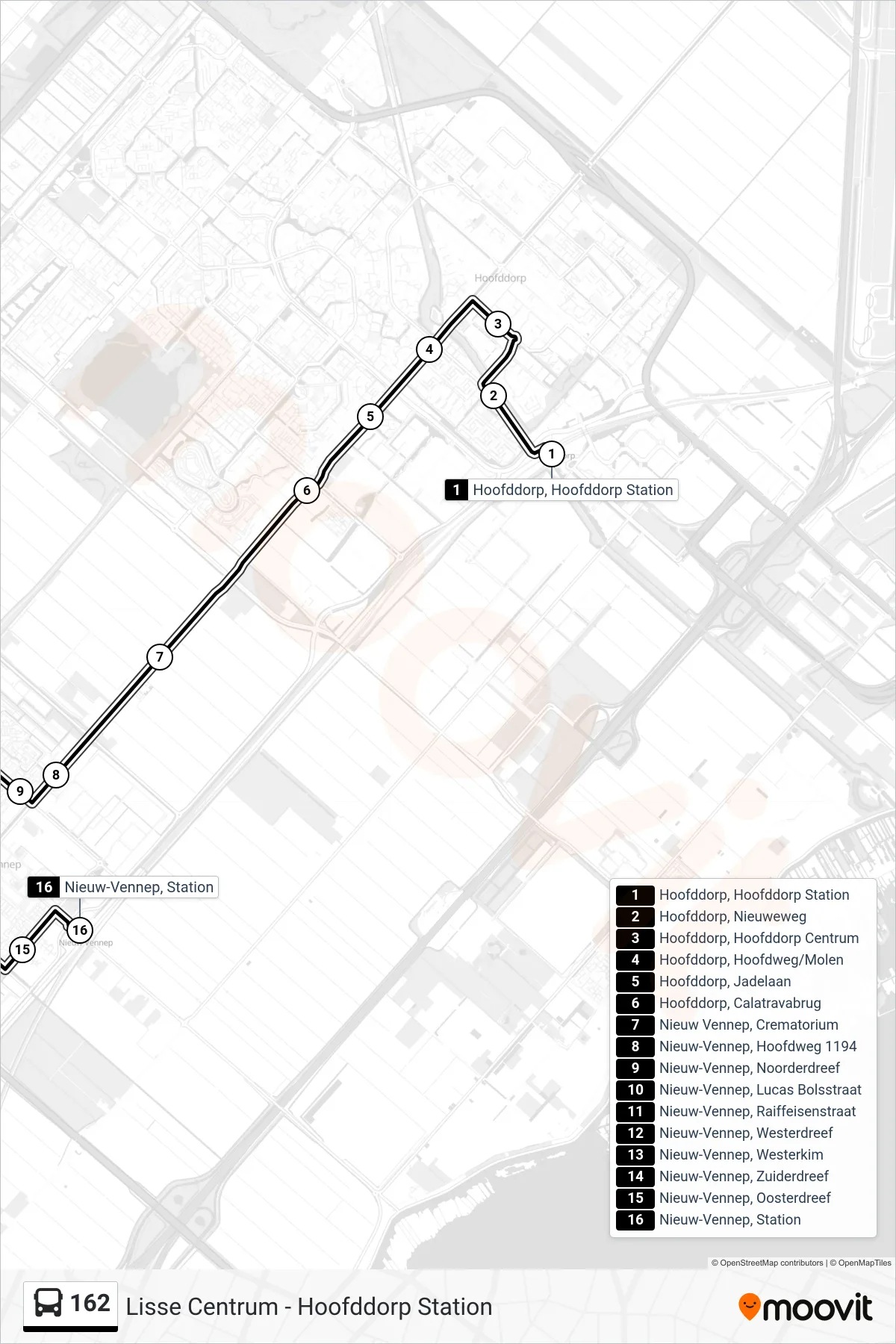 Lijn 162 (bus, Nieuw-Vennep Station): route en haltes op de kaart