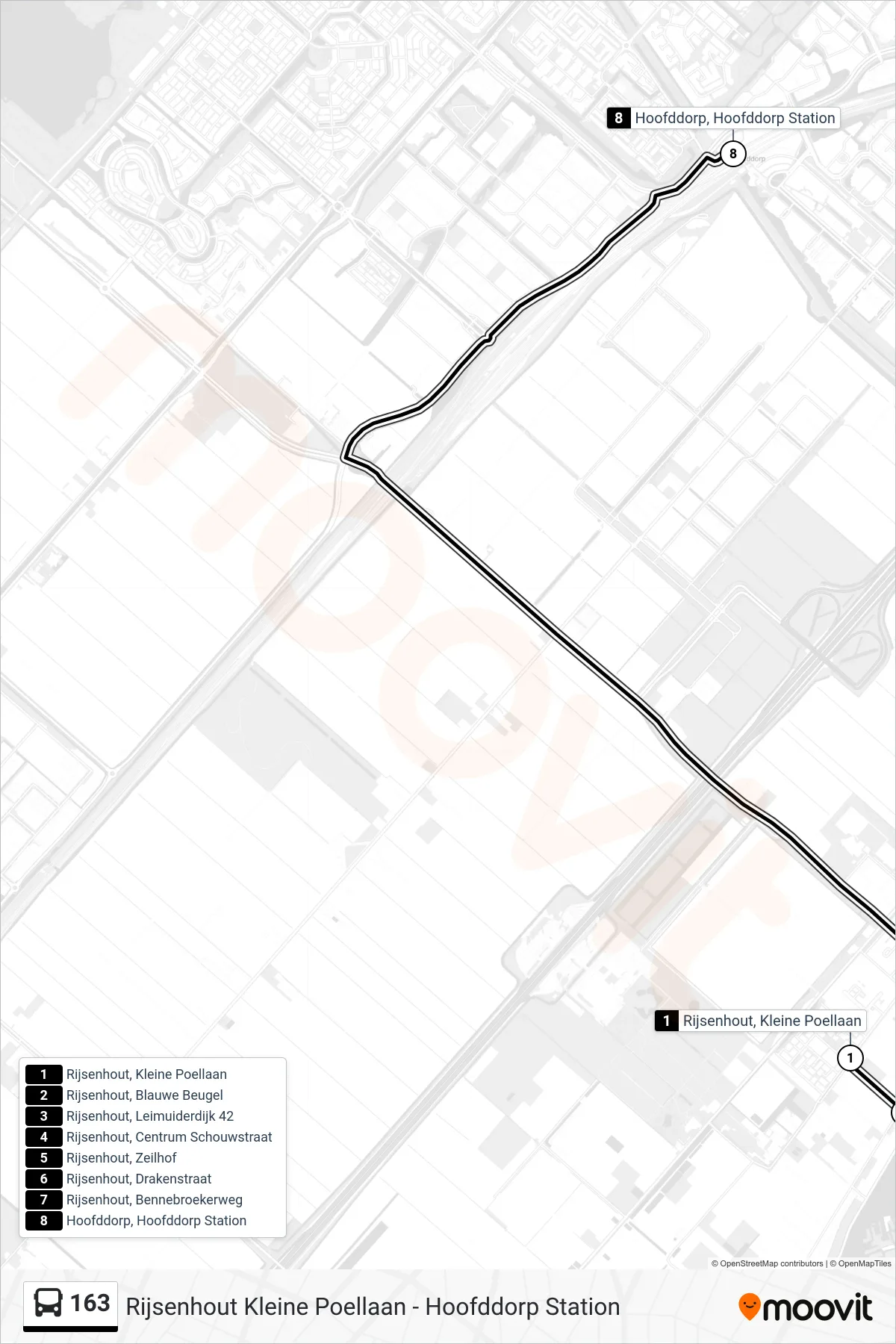 Lijn 163 (bus, Hoofddorp Station): route en haltes op de kaart