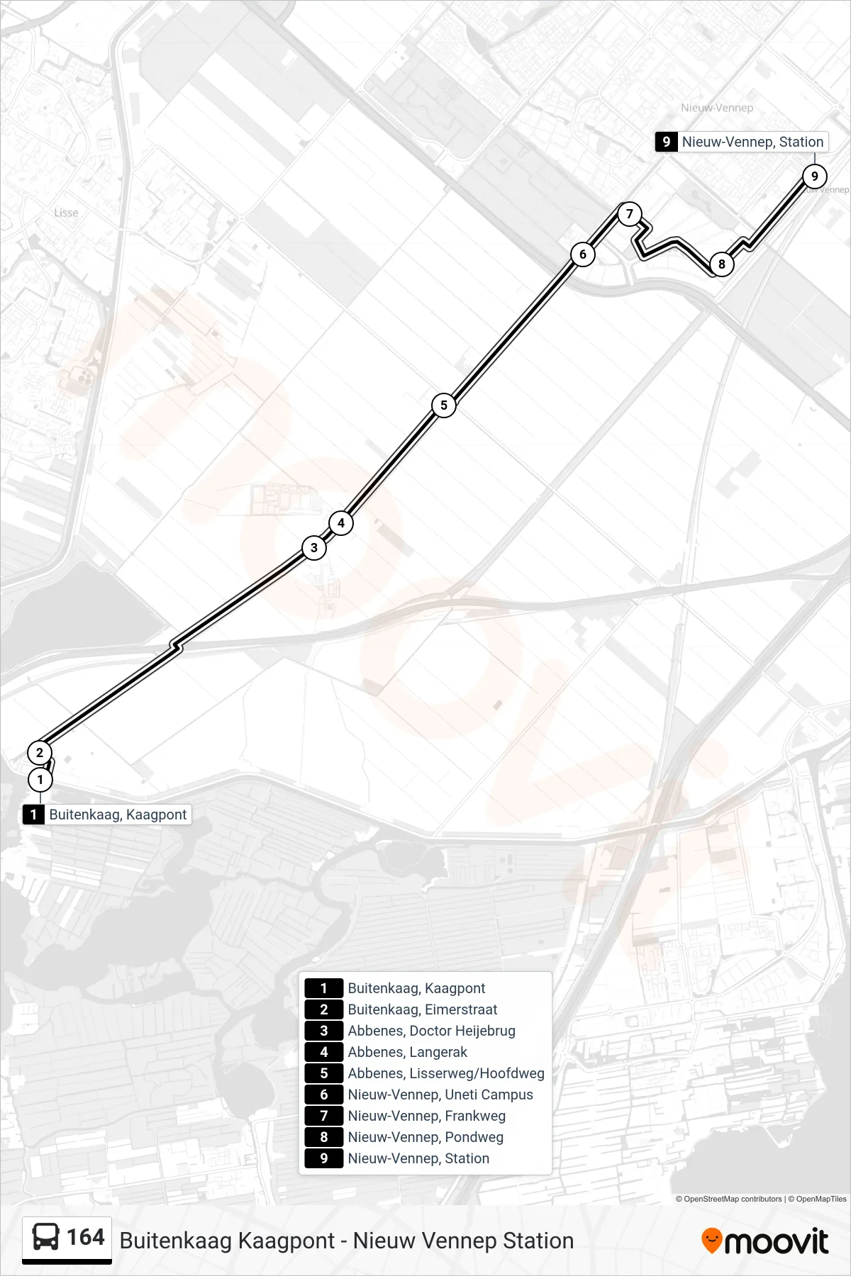 Lijn 164 (bus, Nieuw-Vennep Station): route en haltes op de kaart